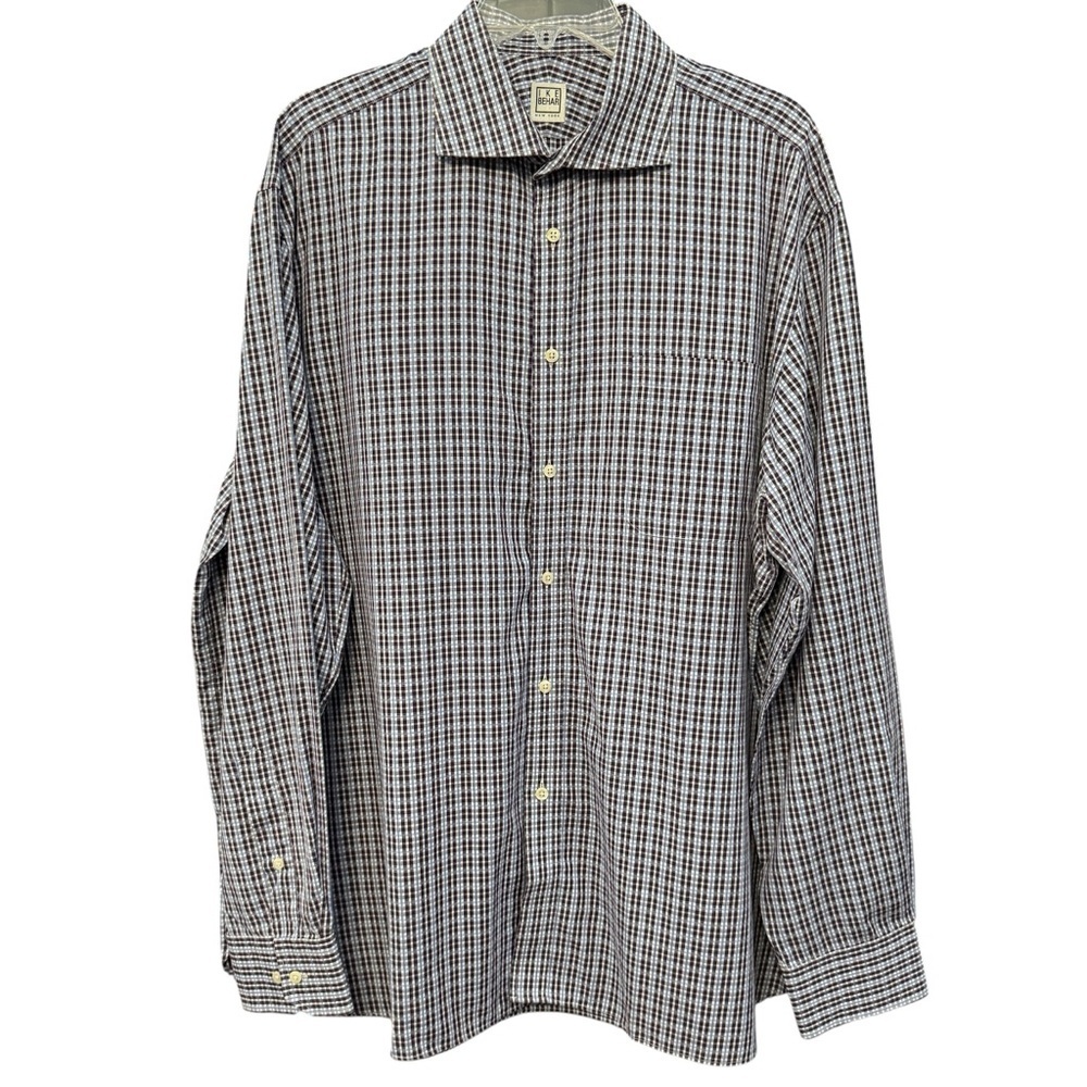 Ike Behar Men’s 17.5 36/37 Plaid Long Sleeve Cotton Shirt Burgundy Blue